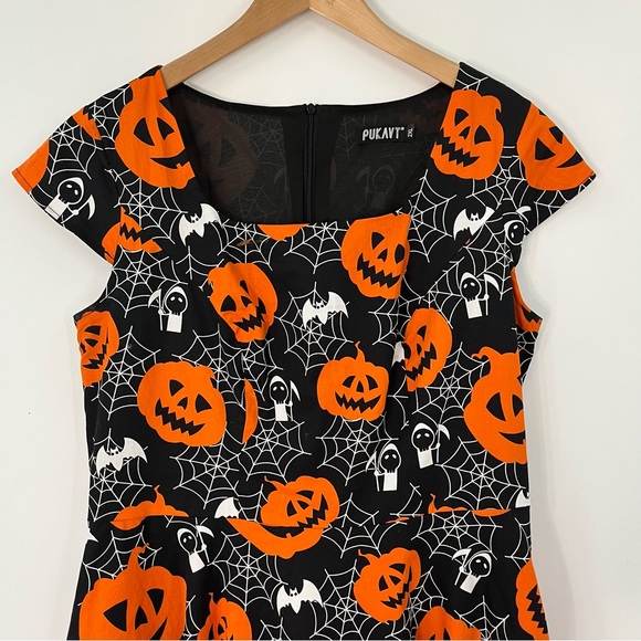 Modcloth XXL Halloween spiderweb pumpkin dress fit 0340 flare black orange plus - Picture 2 of 10